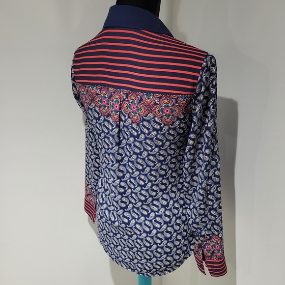 Express Women's Portofino Slim Fit Boho Paisley Button Up Shirt XS Blue Red - Picture 8 of 10